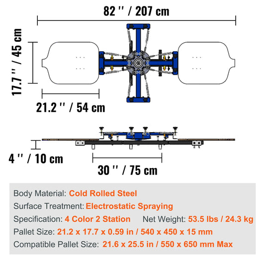 Screen printing - Screen printing machine - 360° rotatable - 54x45cm - Screen printing press - Adjustable tension - 4 colours 2 stations