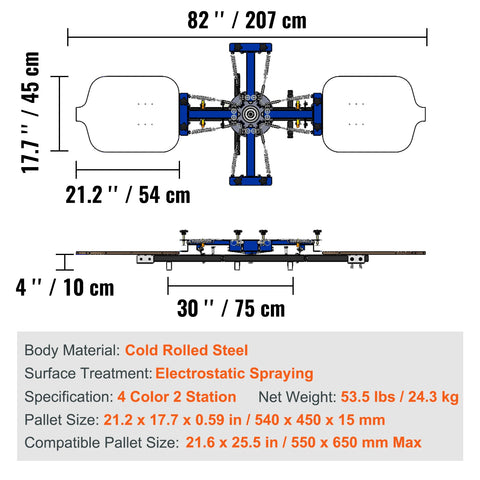 Screen printing - Screen printing machine - 360° rotatable - 54x45cm - Screen printing press - Adjustable tension - 4 colours 2 stations