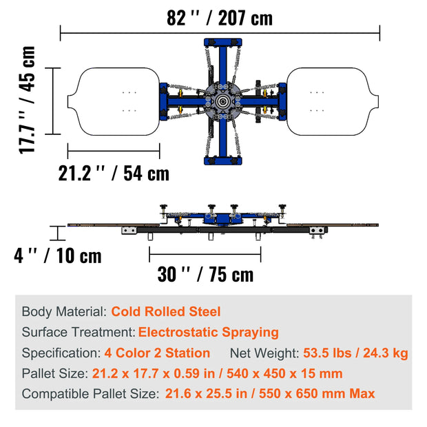 Screen printing - Screen printing machine - 360° rotatable - 54x45cm - Screen printing press - Adjustable tension - 4 colours 2 stations