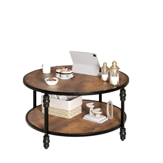 Round Coffee Table – Wooden Top – Storage Rack – Metal Legs – Robust &amp; Stylish – Brown