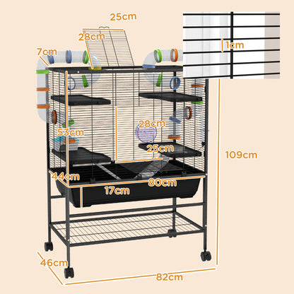 Knaagdierkooi – Hamsterkooi – Knaagdierverblijf – Kooi Met Buisjes – Dierenkooi – Ruim 109x82x46 cm – Inclusief Loopwiel & Waterfles – Zwart - QUORE