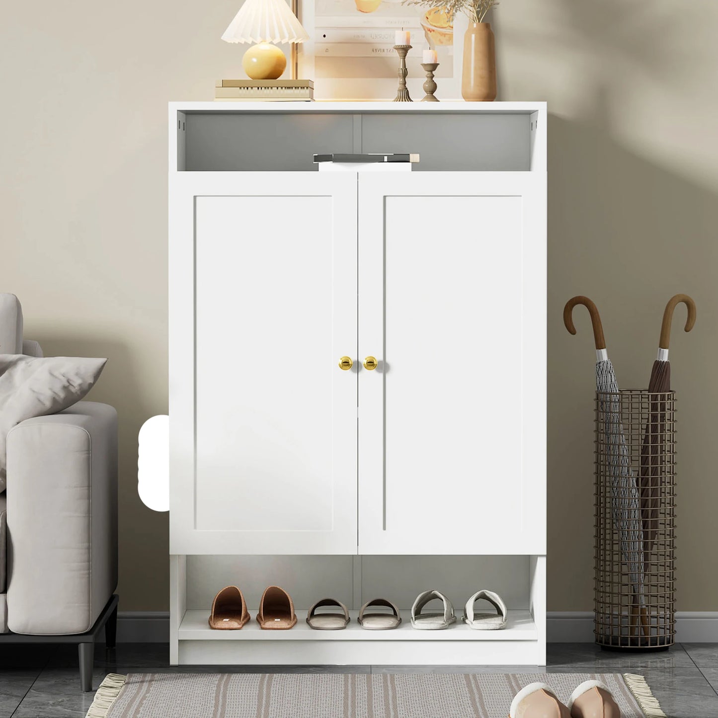 Schoenenkast – Schoenopberger – Schoenenschrank – Schoenenkastje – Schoenenmeubel – Grote Capaciteit – Verstelbare Legplanken – Wit Spaanplaat – Gouden Handgrepen