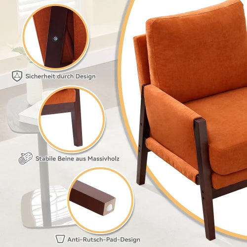 Relaxstoel – Loungestoel – Fauteuil – Leesstoel – Relaxfauteuil – Zitstoel – Chenillestof Bekleding – Massief Houten Frame - 76.5 x 83 x 95.5 cm - Oranje