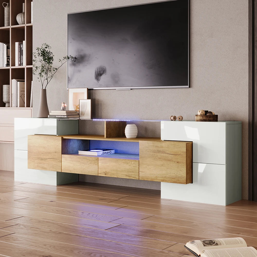 TV-kast – Tv-meubel – Lowboard – Tv-dressoir – Entertainmentmeubel – Hoogglans Wit – 200 cm Breed – Geïntegreerde LED-verlichting