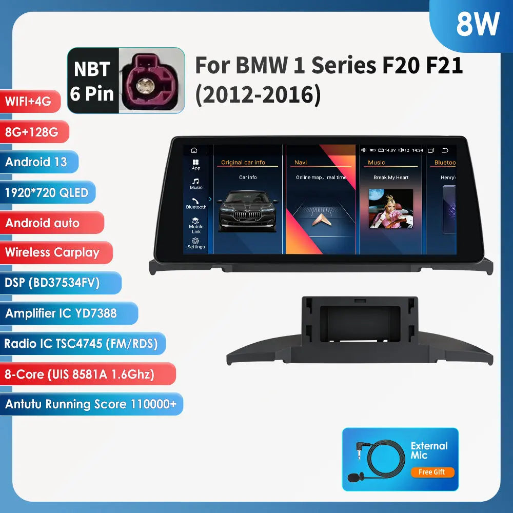 Hizpo Wireless Carplay Android 14 for BMW 1 Series F20 F21 NBT Systems 2011 - 2016 Multimedia Player Auto Radio Screen GPS Video - QUORE