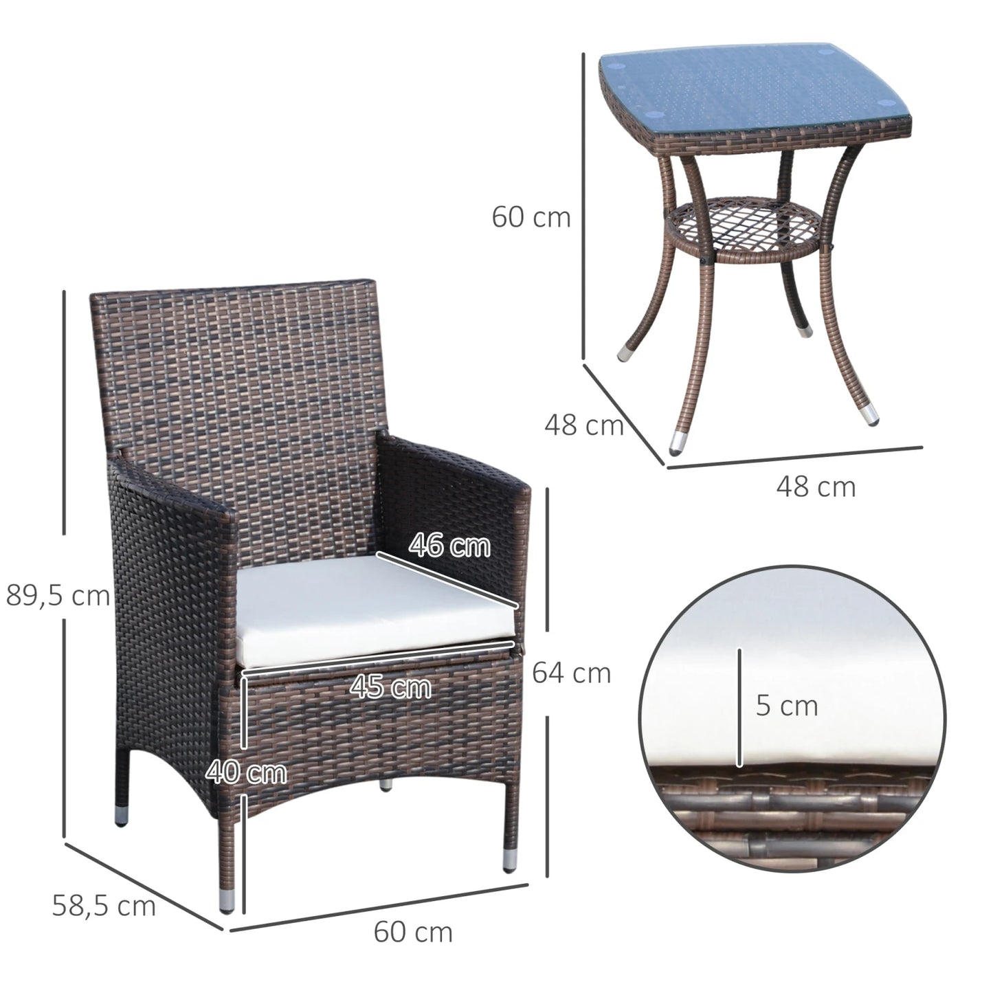 Tuinset Voor 2 Personen – Balkonset – Buitenmeubel – Compacte Tuinmeubelen – Metalen Frame – Gehard Glas Tafelblad – Afneembare Wasbare Kussens