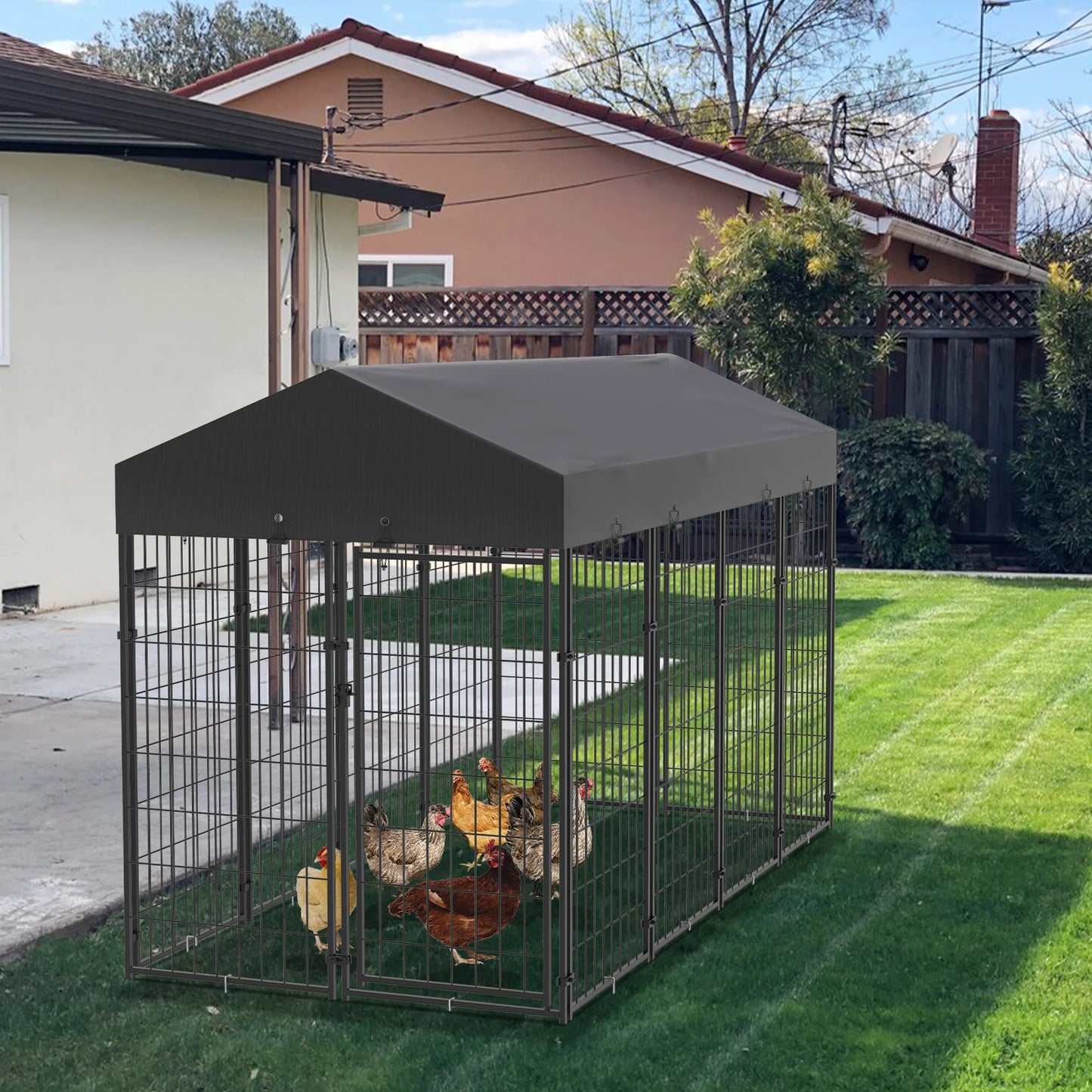 Hondenkennel Buiten – Hondenren – Hondenkooi – Dierenren – Buitenkennel – Gegalvaniseerd Staal – Waterdichte Oxford Doek Hoes – 120x127x126 cm Large - QUORE