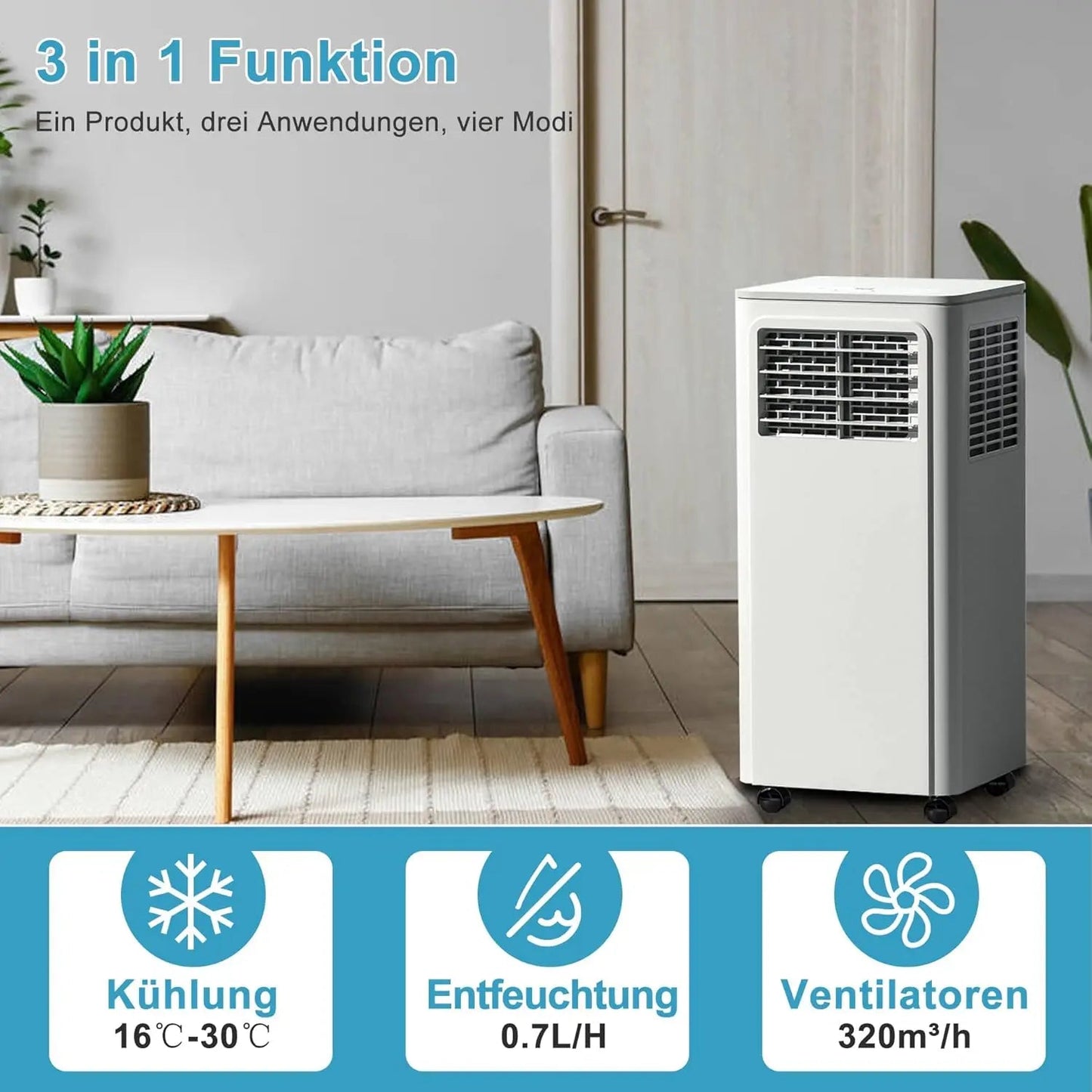 Mobiele Airconditioner – Mobiele Airco – Verkoeler – Ontvochtiger – Ventilator – 54 m³ – 3-in-1 Functie