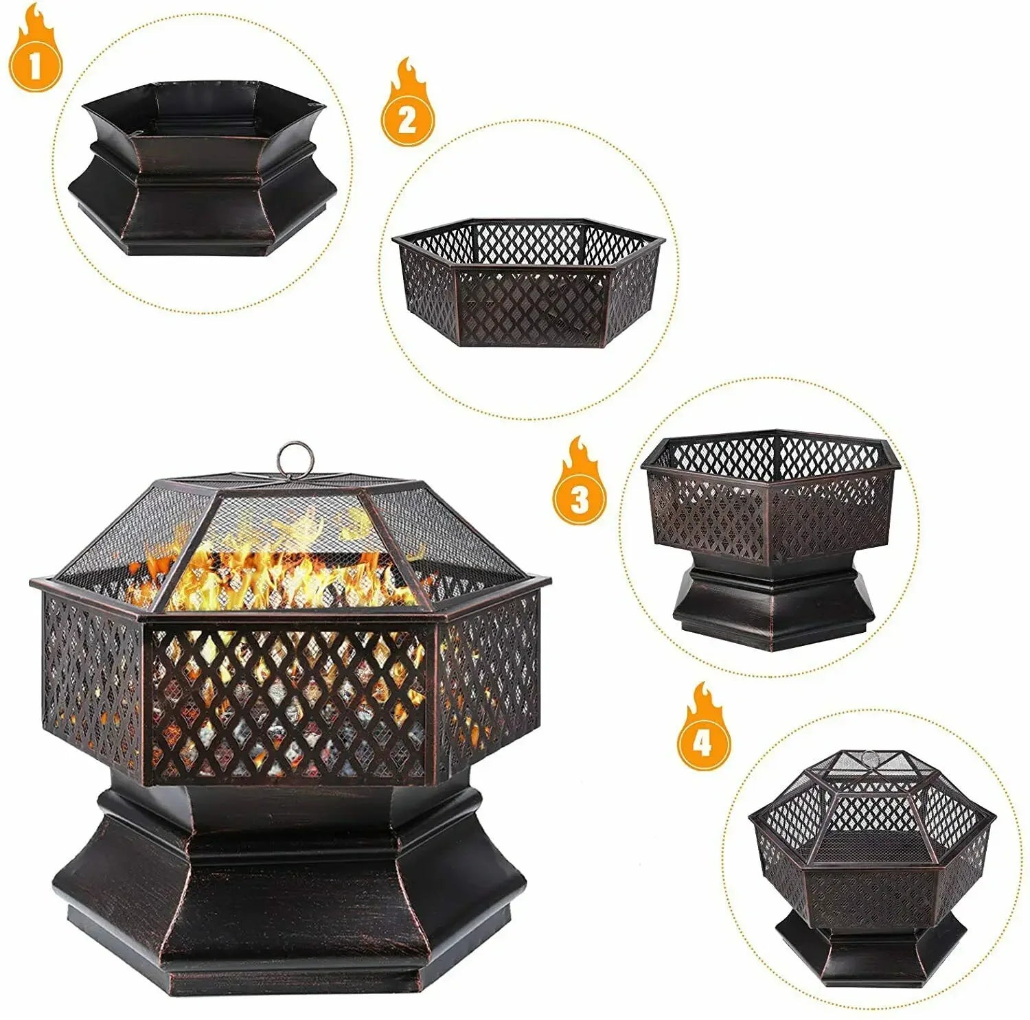 Vuurkorf – Tuinverwarmer – Barbecue – Kampvuurkorf – Hexagonaal – Hittebestendig Staal – Groot Grilloppervlak 69x69cm - QUORE
