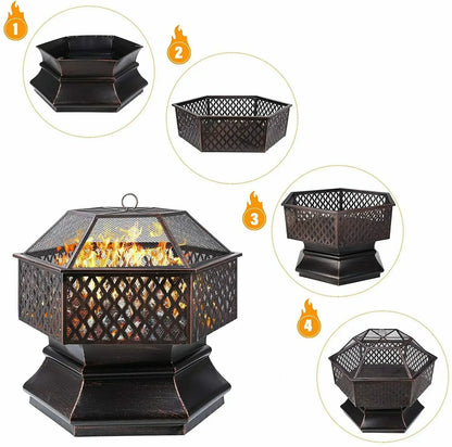 Vuurkorf – Tuinverwarmer – Barbecue – Kampvuurkorf – Hexagonaal – Hittebestendig Staal – Groot Grilloppervlak 69x69cm - QUORE