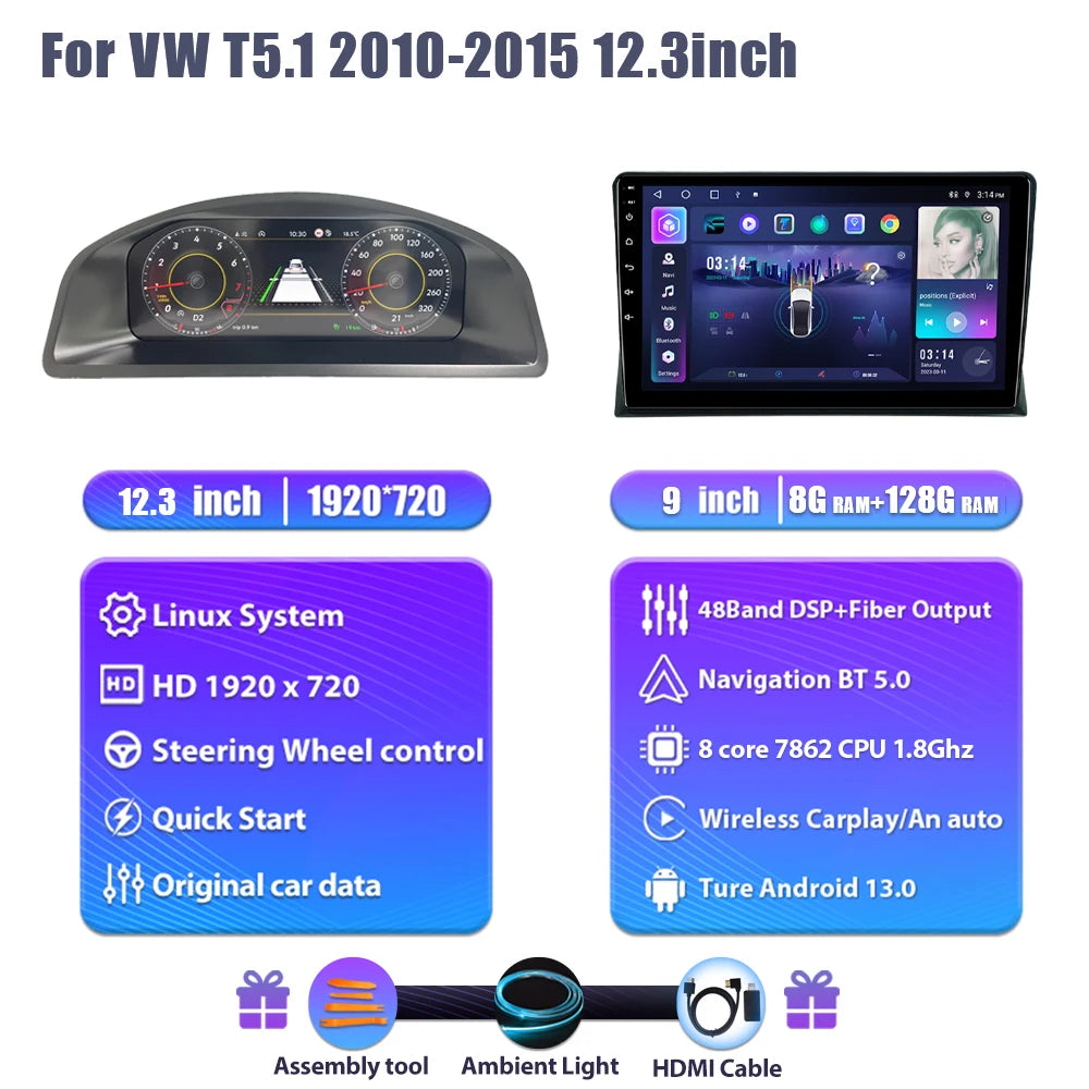 Digitaal Dashboard VW T5 – LCD Cluster – Auto Display – Instrumentenpaneel – Android Dashboard – 12,3 Inch HD IPS Scherm – Plug & Play Installatie