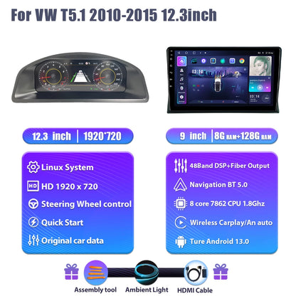 Digitaal Dashboard VW T5 – LCD Cluster – Auto Display – Instrumentenpaneel – Android Dashboard – 12,3 Inch HD IPS Scherm – Plug & Play Installatie
