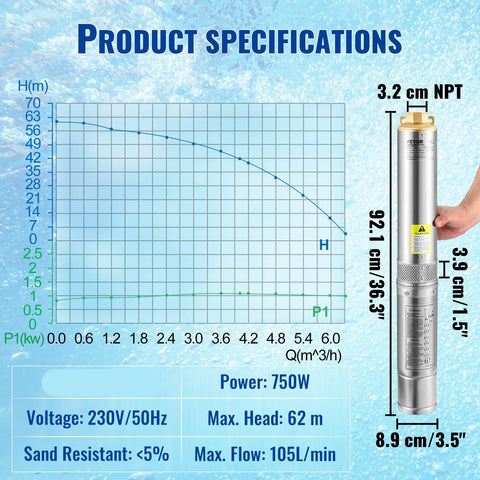 Vevor - Sewage pump - Submersible pump - Clean water pump - Deep well submersible pump - Water pump - 750W 105L/min - Switch - Stainless steel - Large flow rate - Silver