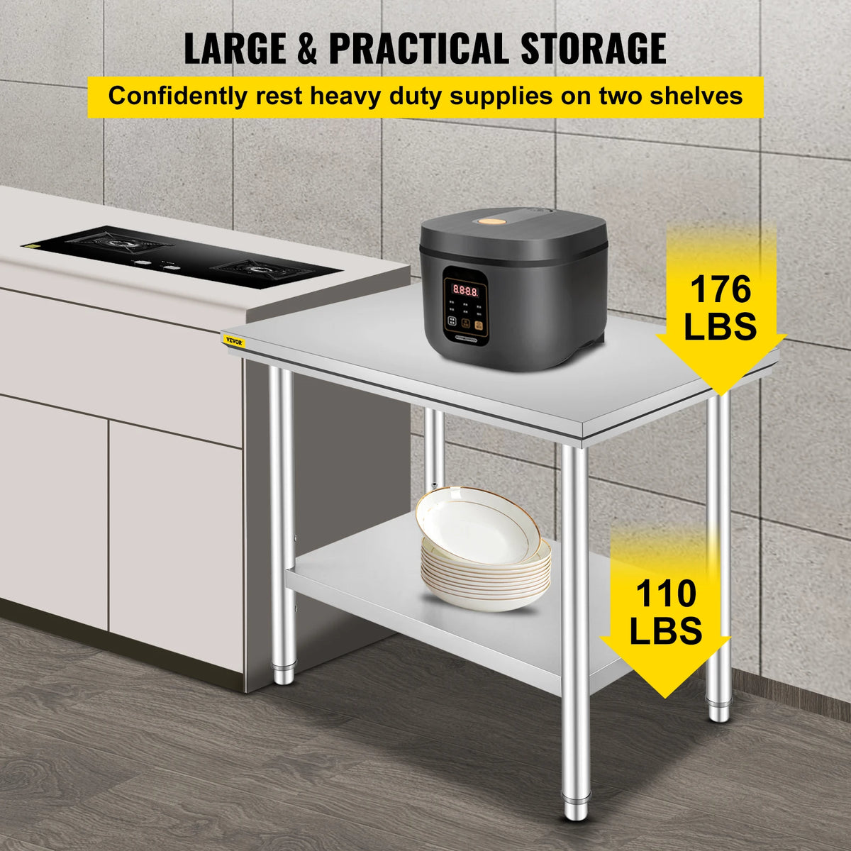 Keukenwerkbank - Keukenwerktafel - Kookeiland - Keukentafel - 24x24x35 inch - 330 LBS - Commerciële Horeca Tafel - Onderblad Roestvrij Staal - voor Restaurant Garage - QUORE