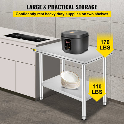 Keukenwerkbank - Keukenwerktafel - Kookeiland - Keukentafel - 24x24x35 inch - 330 LBS - Commerciële Horeca Tafel - Onderblad Roestvrij Staal - voor Restaurant Garage - QUORE
