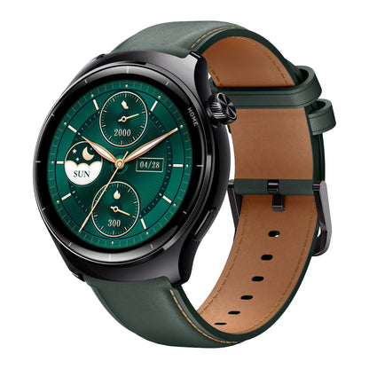 Smartwatchbandjes - Smartwatches - Heren Dames Sporthorloge - 3.35cm - UHD AMOLED - Metalen Kast - Lederen en Rubberen Band - 5ATM Waterdicht - GPS Ingebouwd - 300-450 mAh - Zwartachtig Groen