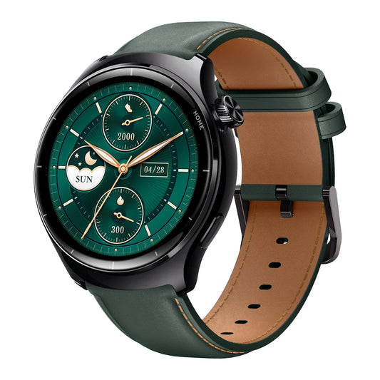 Smartwatchbandjes - Smartwatches - Heren Dames Sporthorloge - 3.35cm - UHD AMOLED - Metalen Kast - Lederen en Rubberen Band - 5ATM Waterdicht - GPS Ingebouwd - 300-450 mAh - Zwartachtig Groen