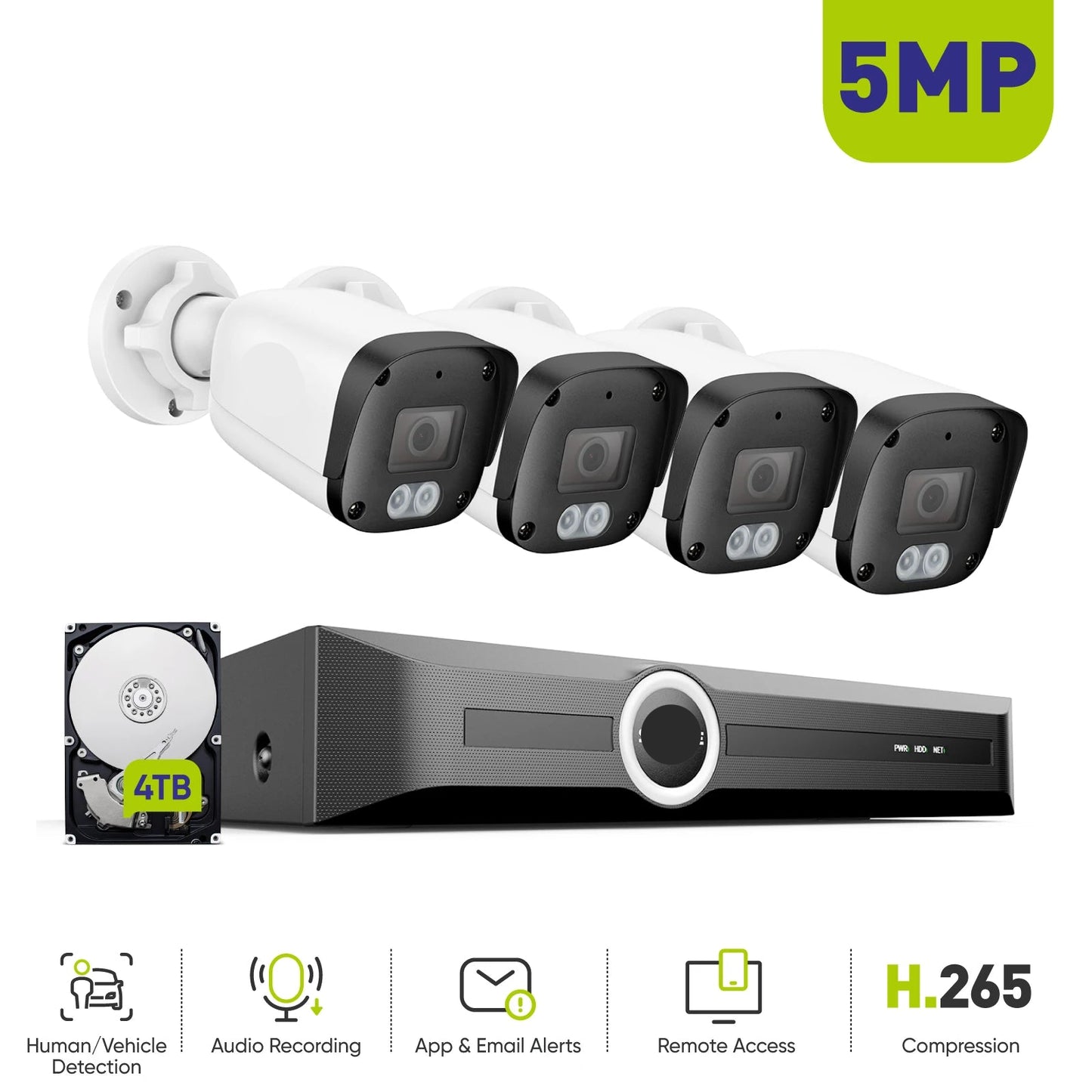 Complete 4-Camera Bewakingsset – Beveiligingssysteem – CCTV Camera – Veiligheidssysteem – 5MP Beeldkwaliteit – Nachtzicht Tot 30 Meter - Ingebouwde HDD: 4T