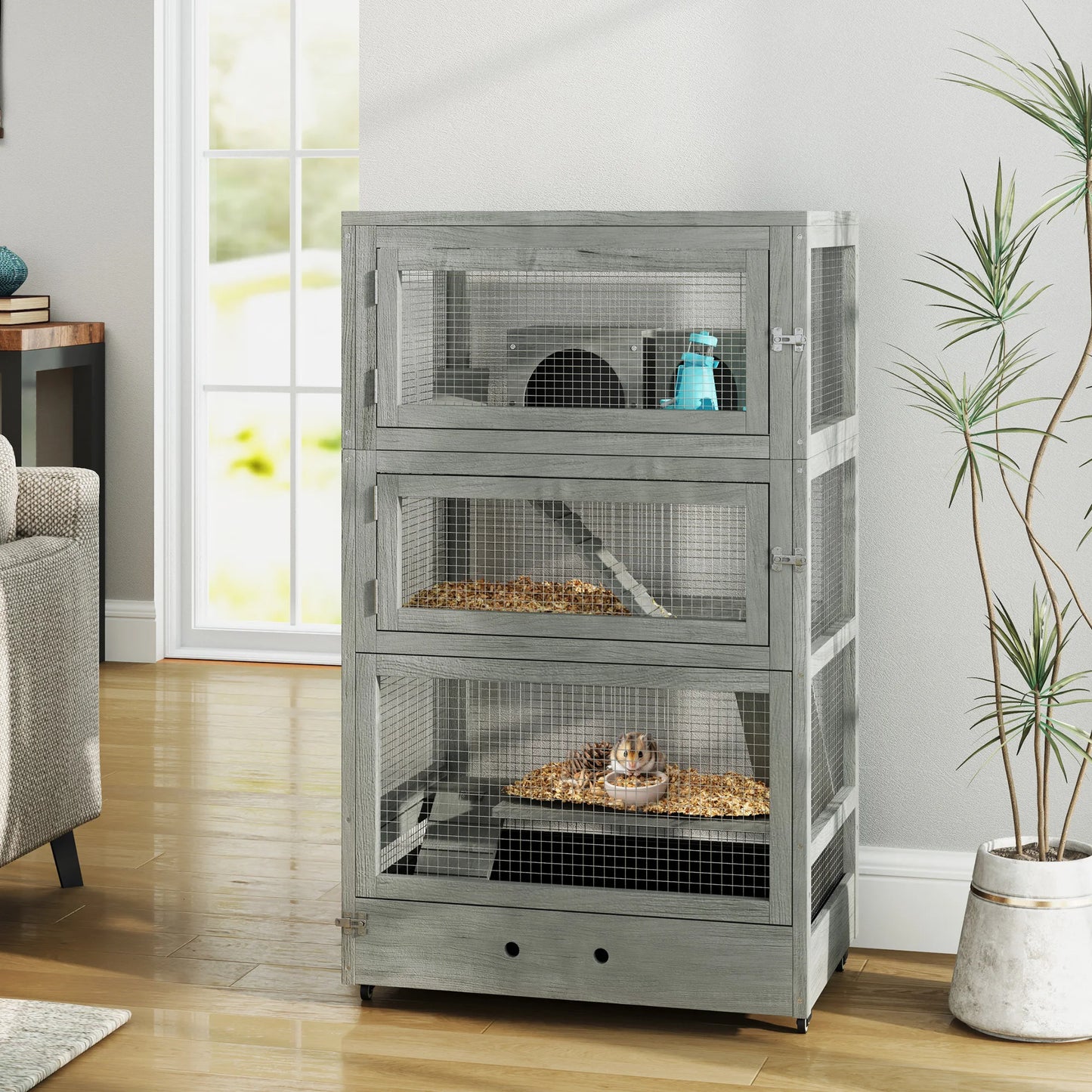 Hamsterkooi – Knaagdierkooi – Houten Kooi – Kleine Dieren Kooi – Vier Verdiepingen – Zandbak 9,5 Cm – Wieltjes Met Remmen - 65 x 45 x 109 cm - Grijs - QUORE