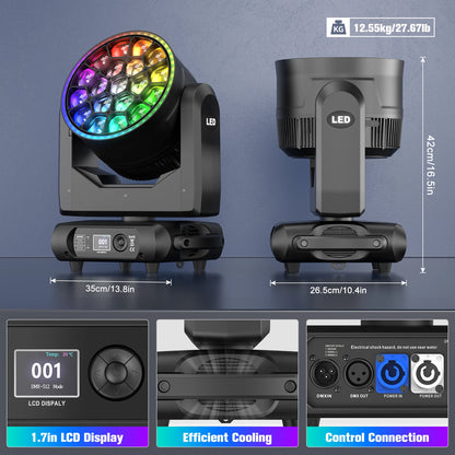 RGBW Moving Head Licht – LED Moving Head – Stage Light – DJ Licht – Disco Verlichting – Upgraded EU Plug – 19x15W LED Met 540° Pan & Elektronische Zoom