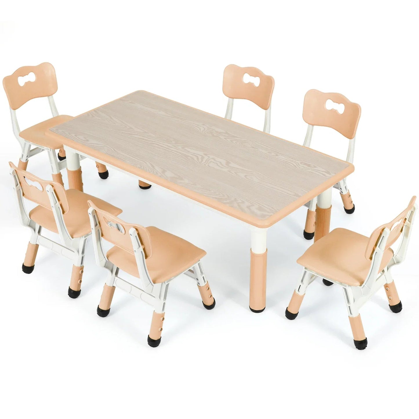 Kinder Tafel Met 6 Stoelen – Kindertafel Set – Speeltafel – Knutseltafel – Kindermeubel – Verstelbare Hoogte – Duurzaam Kunststof En Houtlook - Geel - QUORE