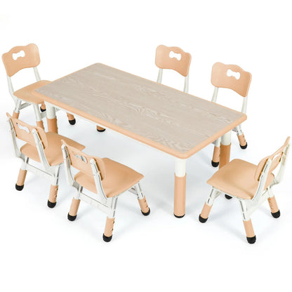 Kinder Tafel Met 6 Stoelen – Kindertafel Set – Speeltafel – Knutseltafel – Kindermeubel – Verstelbare Hoogte – Duurzaam Kunststof En Houtlook - Geel - QUORE