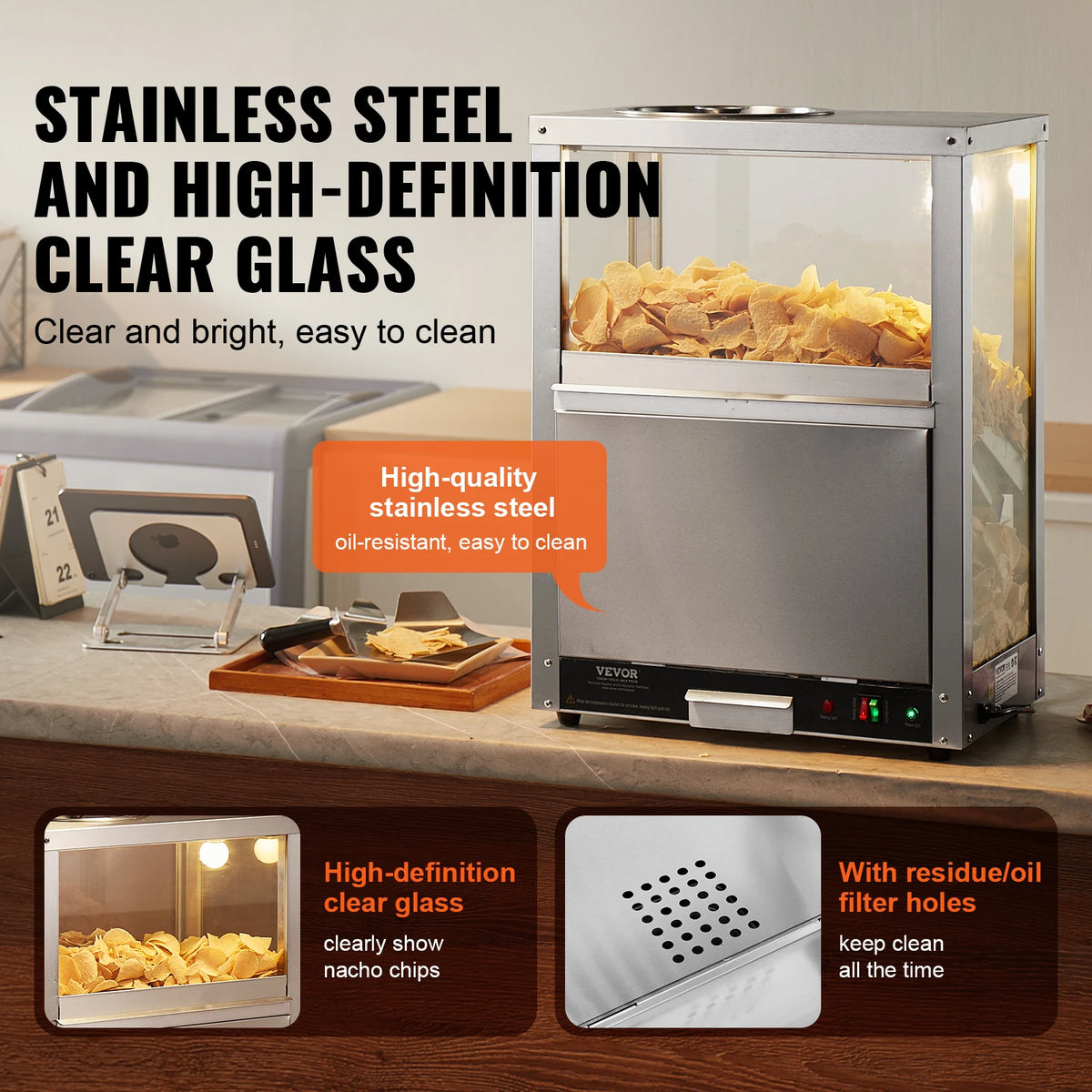 Nacho Warmer - Professional Chips Warmer - 230V - 200W - 84.5QT - Nacho Machine Deflection Board - Stainless Steel - Silver