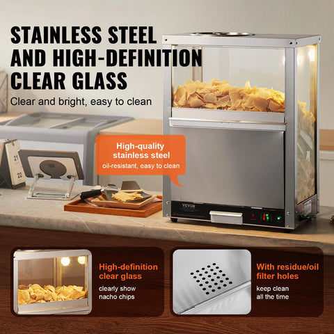 Nacho Warmer - Professionele Chipswarmer - 230V - 200W - 84.5QT - Nacho Machine Deflection Board - Roestvrij staal - Zilver