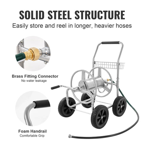 Vevor - Hose Reel Cart - Holds up to 300 ft 5/8'' Hose - Garden Hose Cart - Mobile Tool - With 4 Powder Coated Steel Wheels - Silver