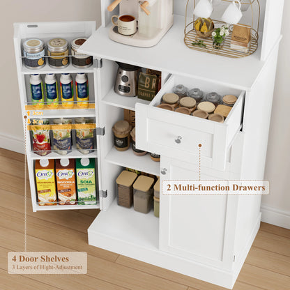 Hoge keukenkast – keukenkast met lades – buffetkast – voorraadkast – opbergkast – wit – 182,5 cm hoog – MDF met matte afwerking – glazen deuren en werkblad met kabeldoorvoer