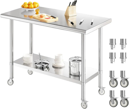 Werktafel – Werkbank – Werktafel Met Wieltjes – Industriële Werktafel – Roestvrij Staal – Verstelbaar Onderblad – Vier Wieltjes Met Rem