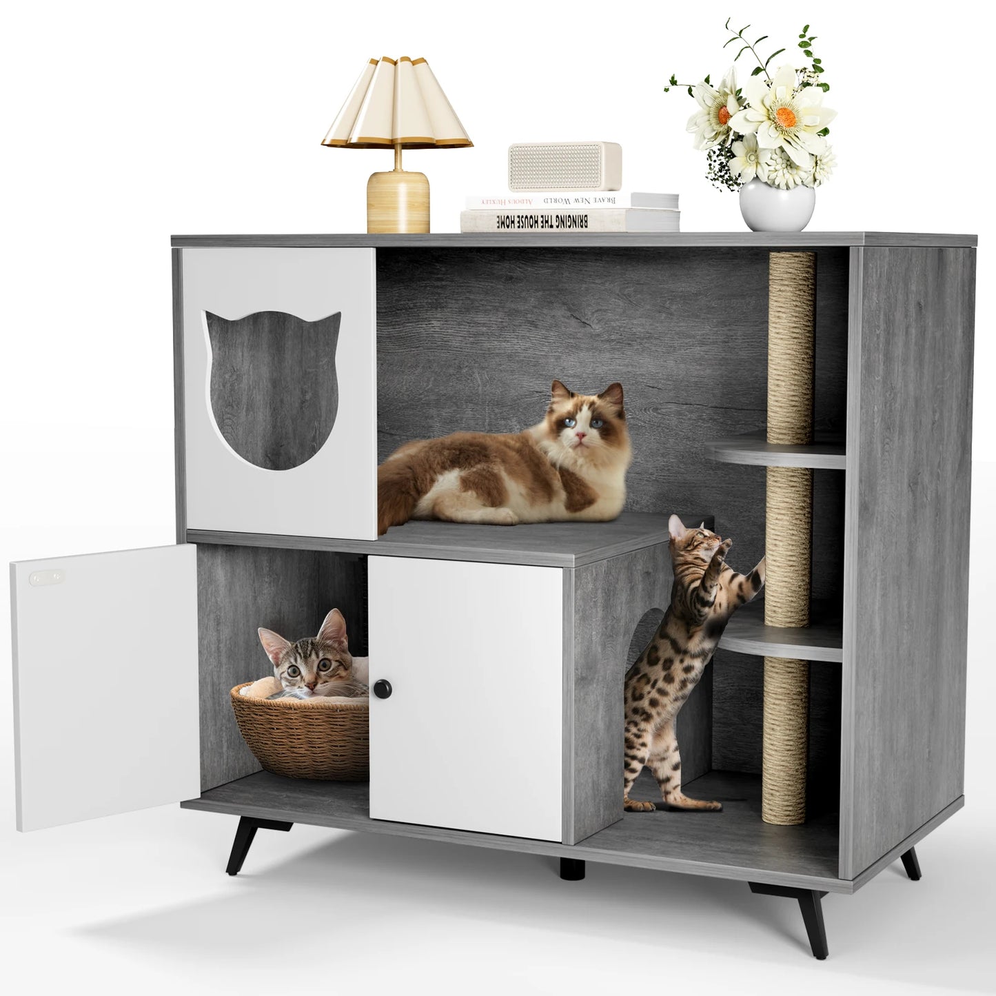 Kattenvilla – Kattenhuis – Kattenhok – Kattenmeubel – Verstopte Kattenbak – Groot 100x92x50 cm – Massief Milieuvriendelijk Hout