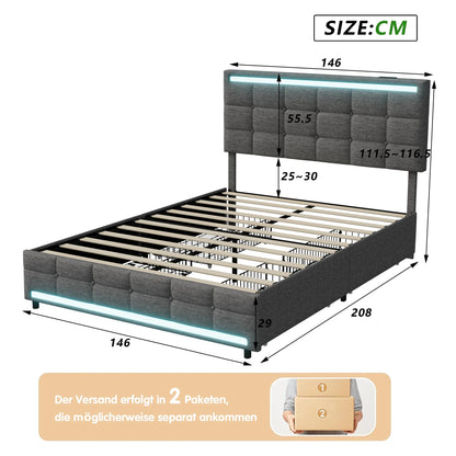 Gepolsterd Bed – Bed Met Opbergladen – Led Bed – Opbergbed – Slaapbed – Grijs – 140x200 Cm – Met 4 Laden En 2 Usb-Laders