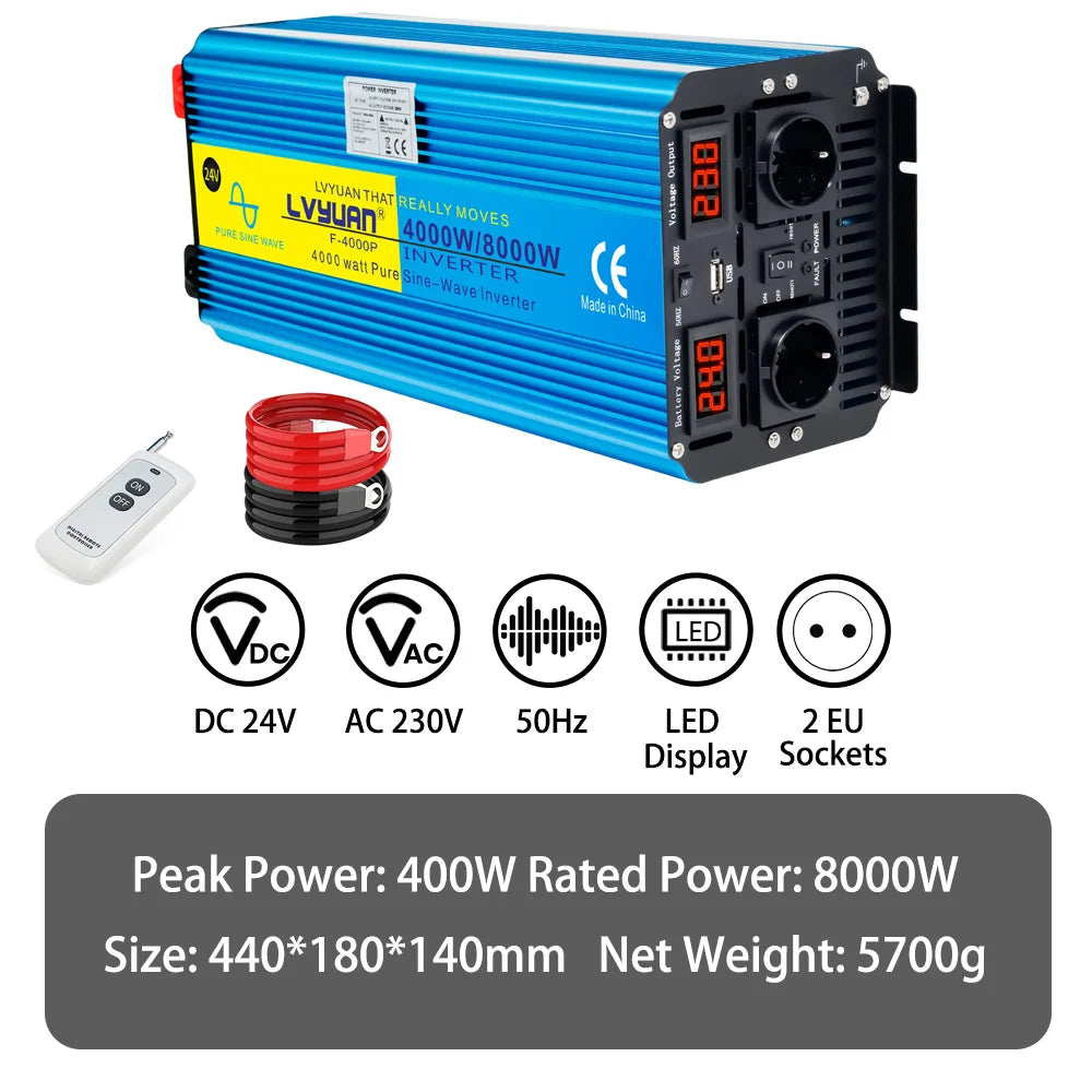 8kW Omvormer 24V LED 2EU – Stroomomzetter – Spanningsomzetter – Converter – Sinusomvormer – Zuivere Sinusgolf Uitgang – 4000W Continu Vermogen