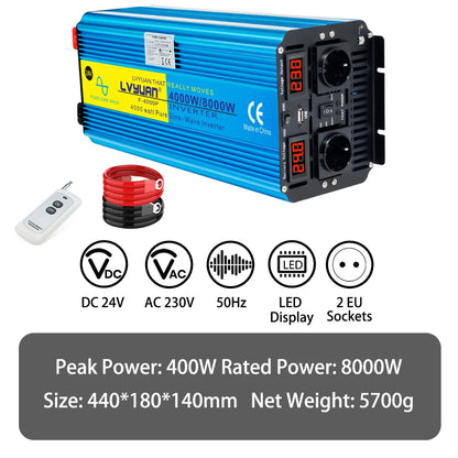 8kW Omvormer 24V LED 2EU – Stroomomzetter – Spanningsomzetter – Converter – Sinusomvormer – Zuivere Sinusgolf Uitgang – 4000W Continu Vermogen