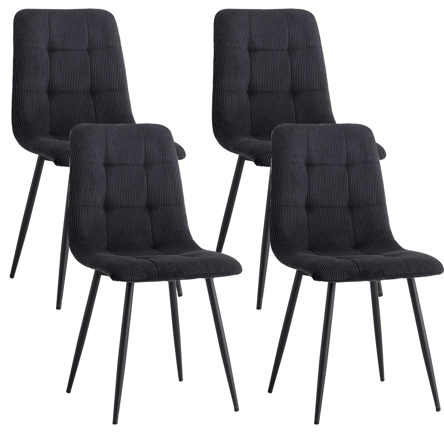 Eetkamerstoelen - Eetstoelen - Keukenstoelen - Set van 4 - Ergonomische - met Rugleuning - Voor Keuken - Eetgedeelte - Corduroy Stof - Metalen Poten - 43 x 44 x 99.5 cm - Zwart
