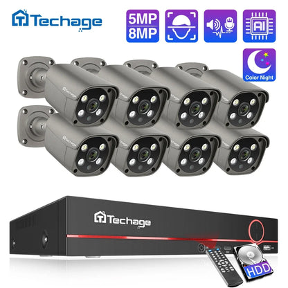 Techage 8CH 5MP 8MP Security Camera System 4K HD POE NVR Kit Two Way Audio Face Detect Outdoor Video Surveillance IP Camera Set - QUORE