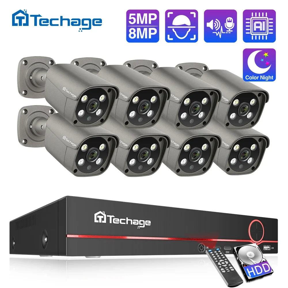 Techage 8CH 8MP 5MP 4K POE Camera System Two Way Audio Colorful Night Smart AI Face Detection CCTV Video Surveillance Clearance - QUORE