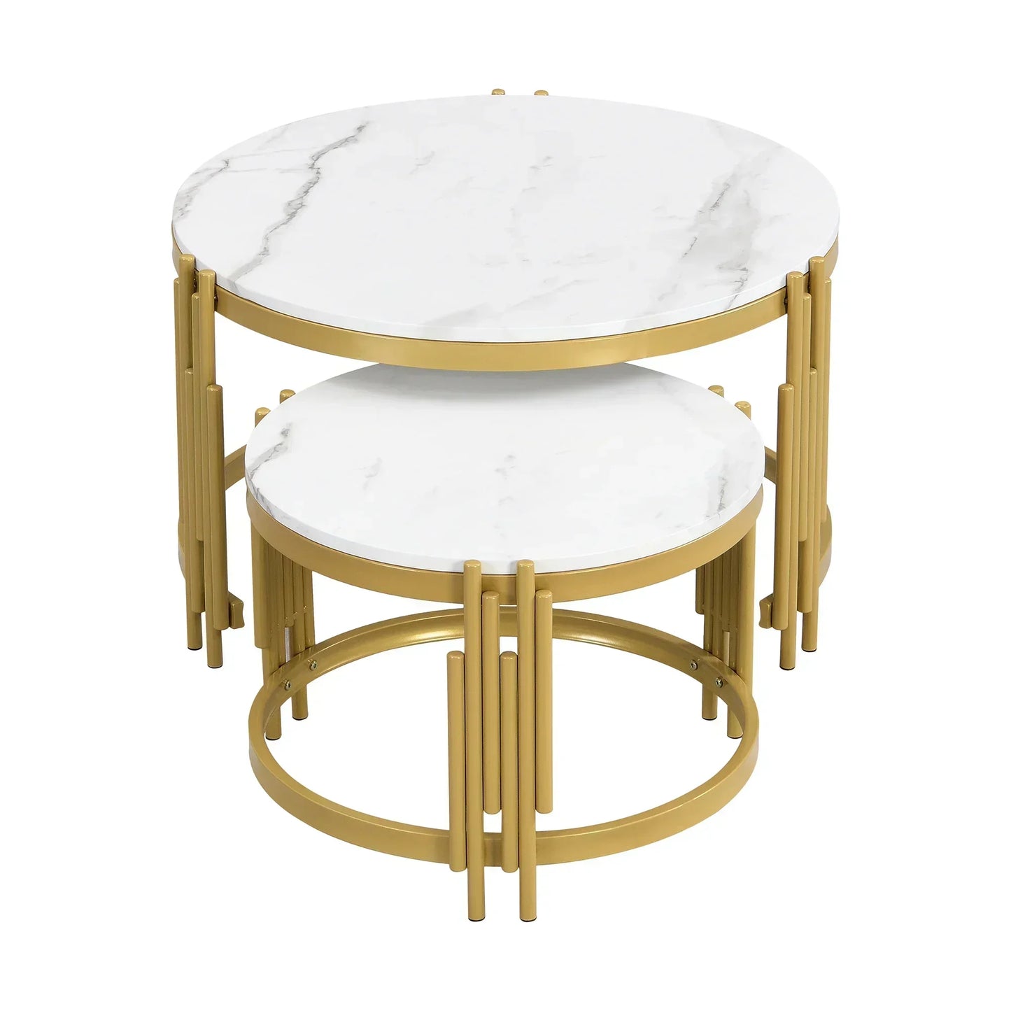 Salontafel – Koffietafel – Bijzettafel – Woonkamertafel – Ronde Tafel – 2-in-1 Set – Marmerlook MDF Blad – Goud Metalen Frame