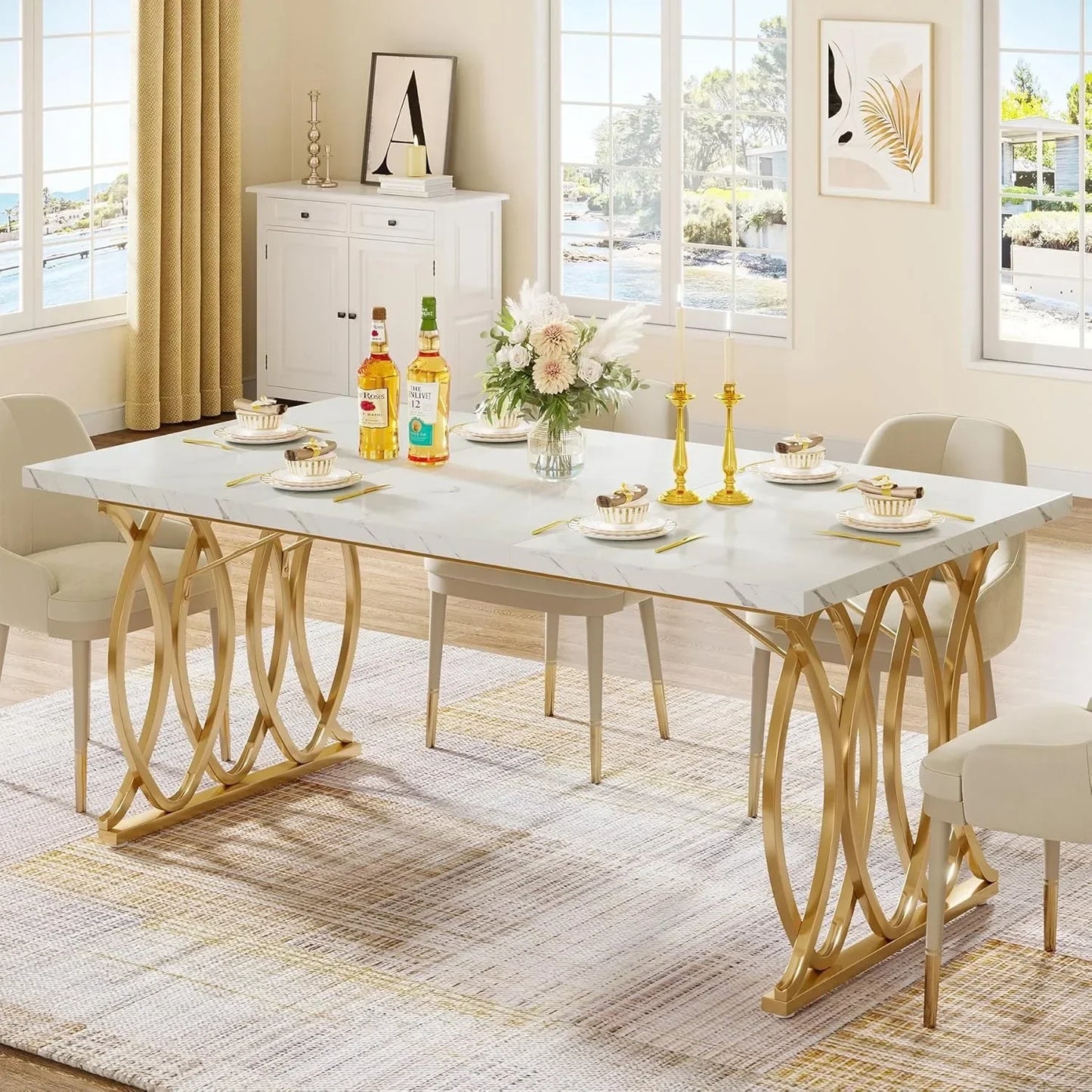 Eettafel – Dinertafel – Keukentafel – Tafel – Tafeltje – Wit-Gouden Uitvoering – 160 cm Ruim Tafelblad – Stevig & Duurzaam