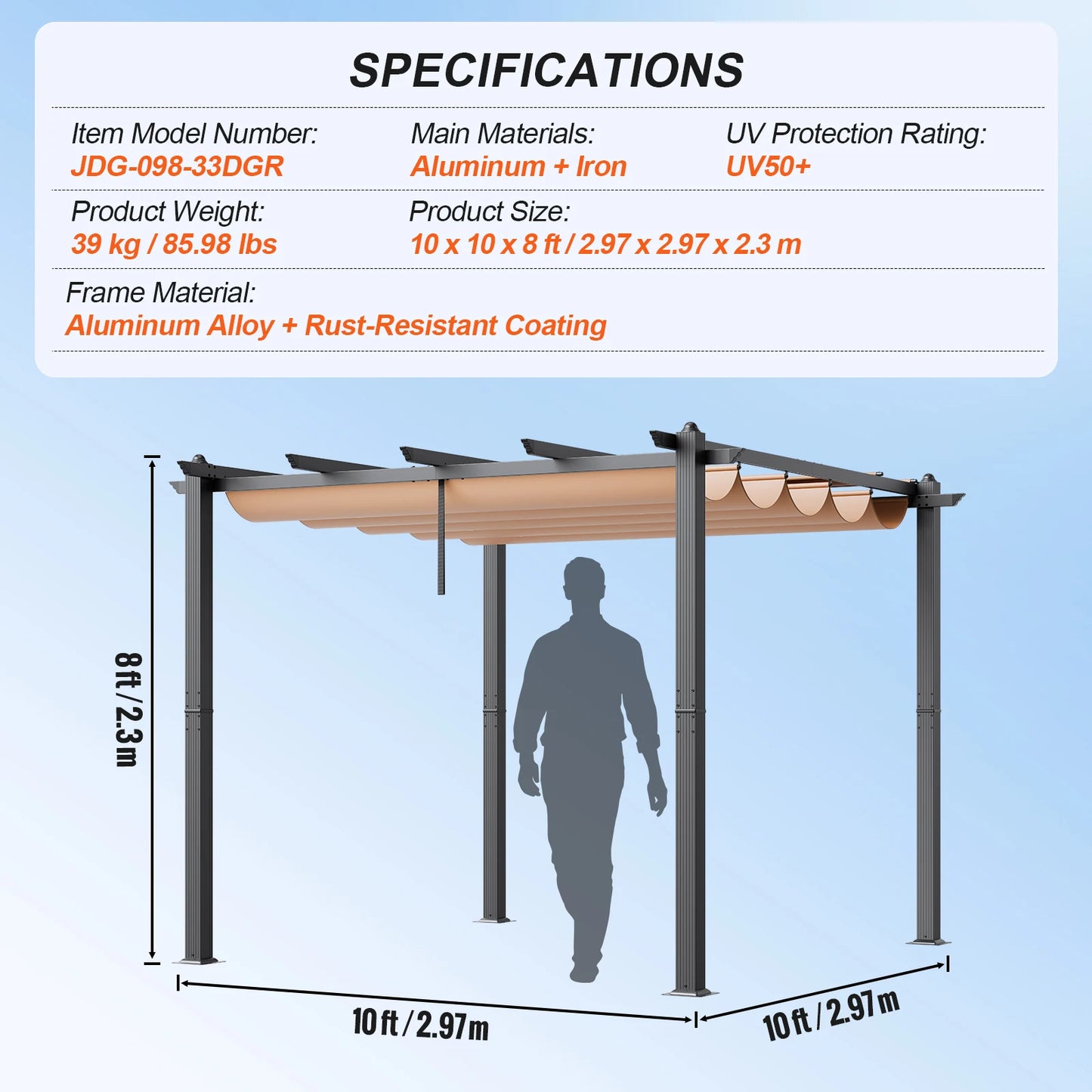 Uitschuifbare Pergola – Buitenoverkapping – Schaduwdoek – Aluminium Frame – UV50+ Bescherming – 3x3 Meter – Eenvoudige Montage - 10x10ft