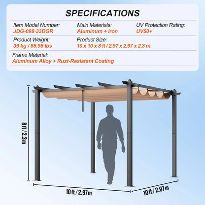 Uitschuifbare Pergola – Buitenoverkapping – Schaduwdoek – Aluminium Frame – UV50+ Bescherming – 3x3 Meter – Eenvoudige Montage - 10x10ft