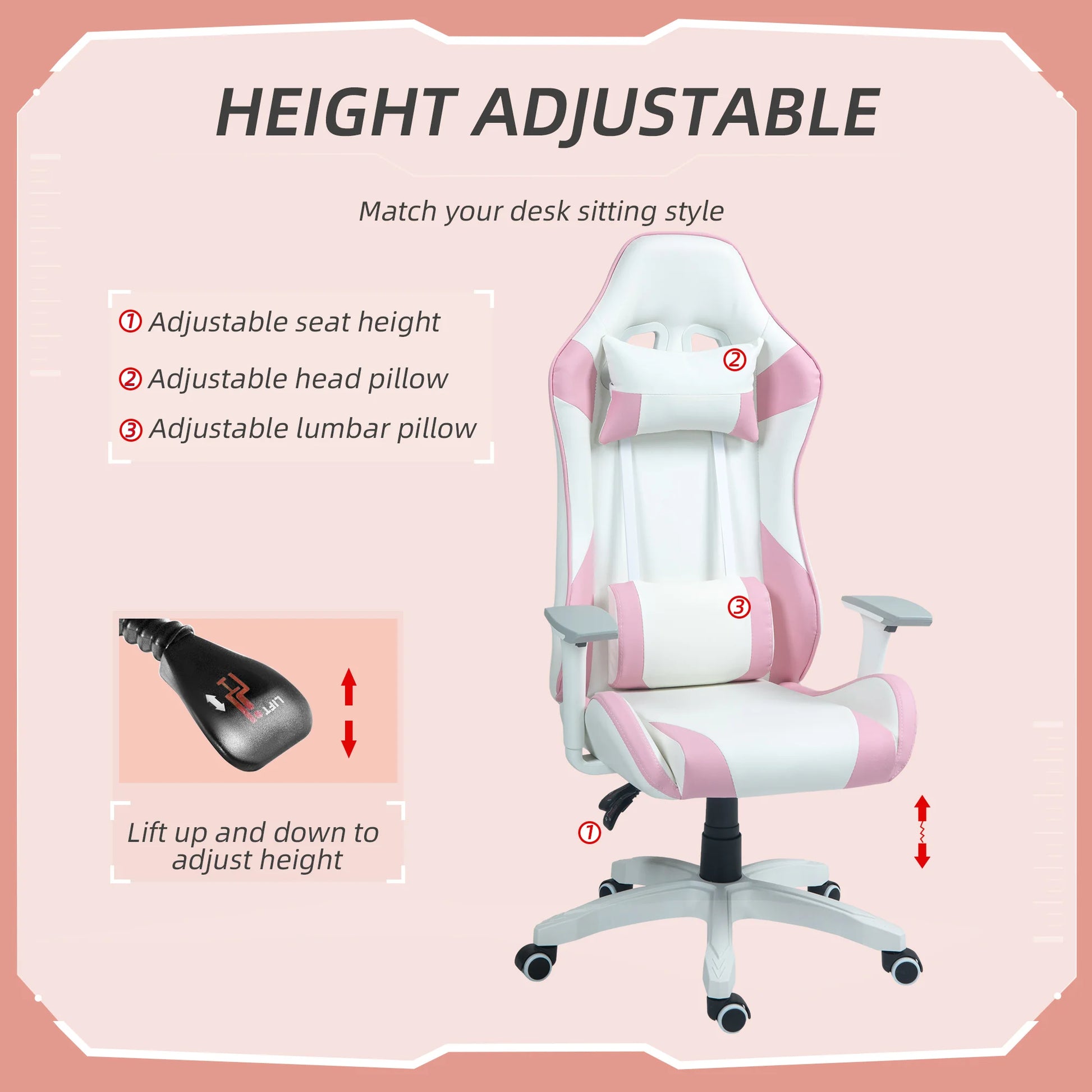 Gamingstoel – Bureaustoel – Computerstoel – Werkstoel – Ergonomisch Ontwerp – Verstelbare Armleuningen - 67 x 60 x 120-128 cm - Roze - QUORE