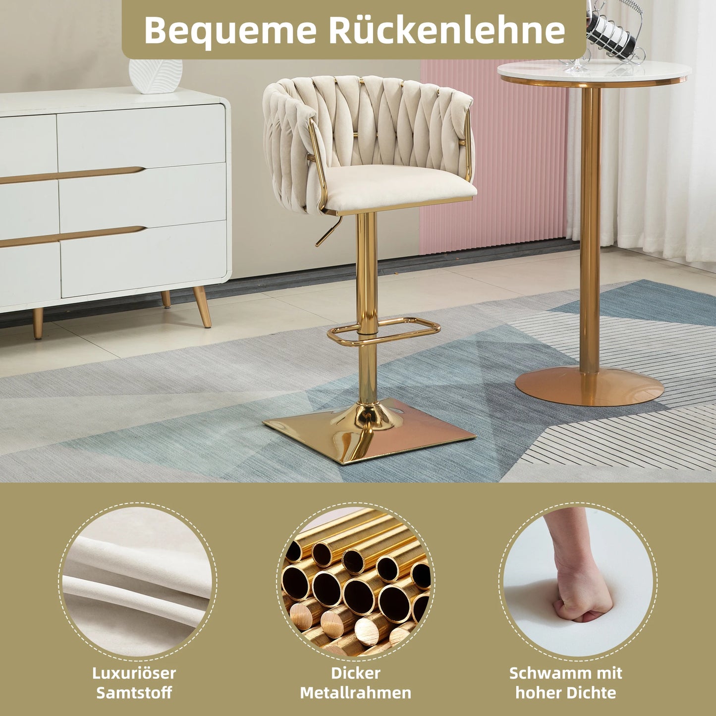 Barkruk – Barstoel – Keukenstoel – Draaiende Kruk – Verstelbare Hoogte – Metalen Frame – Velours Bekleding - Ivoor