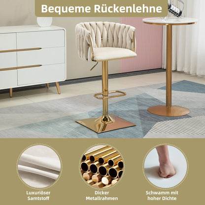 Barkruk – Barstoel – Keukenstoel – Draaiende Kruk – Verstelbare Hoogte – Metalen Frame – Velours Bekleding - Ivoor