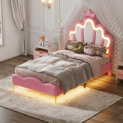 Kinderbed – Prinsessenbed – Eenpersoonsbed – Meisjesbed – Kinderbedframe – Kroonvormig Hoofdeinde – Fluwelen Bekleding – Afmeting 90x200 cm