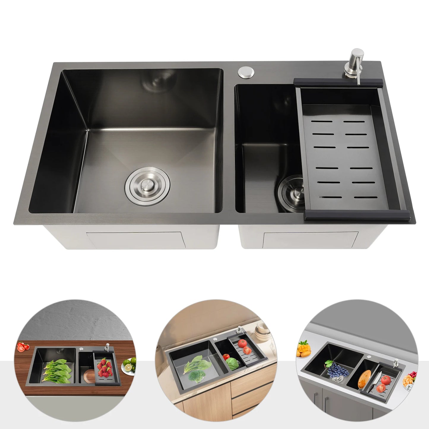Dubbele Keukenspoelbak – Keukenspoelbak Zwart-Grijs – RVS Spoeltafel – Dubbele Spoelbak – Keukenwasbak – Groot Formaat – 304 Roestvrij Staal – Inclusief Zeepdispenser