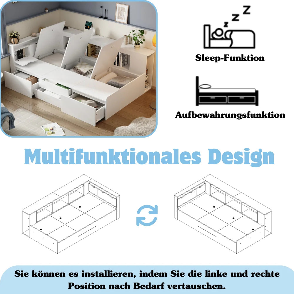 Bedbank Kinderen – Kinderbed – Jeugdbed – Eenpersoonsbed – Kinderbedbank – Met 4 Laden – MDF Wit 90x200 cm