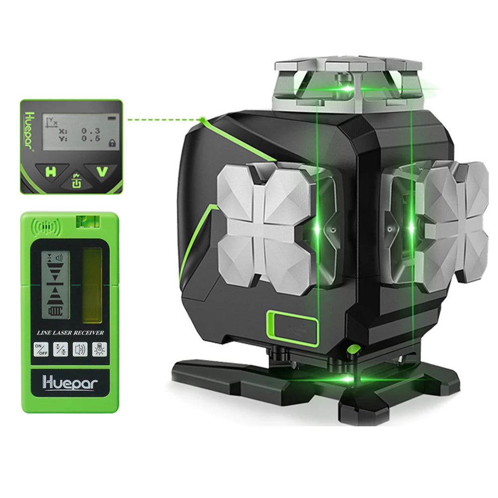 Huepar S04CG-5RG 4D Green Beam Cross Line Laser Level Set With Detector,Bluetooh,Remote Control,Bracket & Hard Case Tool Kit