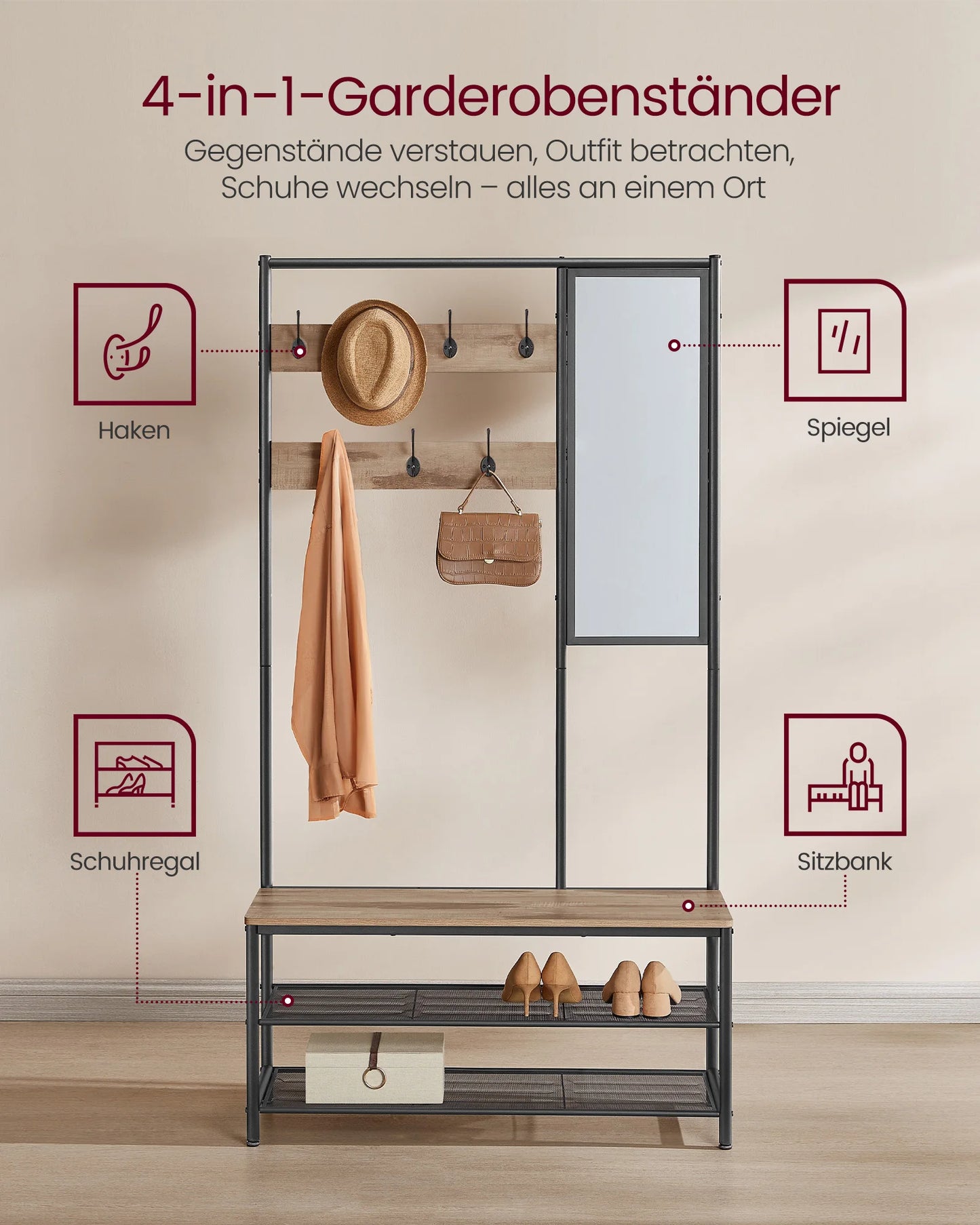 Multifunctionele Kapstok met Spiegel en Schoenenrek - 7 Haken - Zwart met Camel Bruin - 98 cm Bank en Verstelbare Plank - Robuuste Kledinghanger voor Hal en Entree